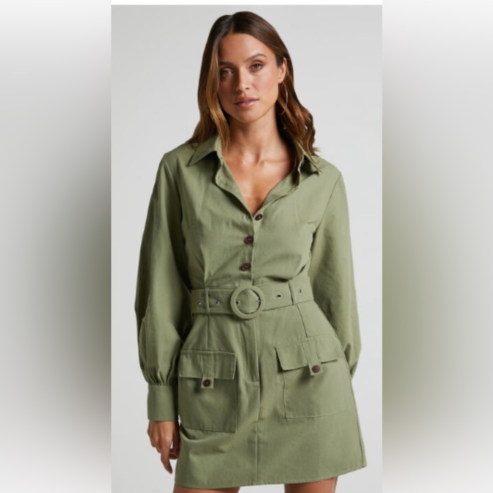 BUTTON UP BELTED dress in KHAKI